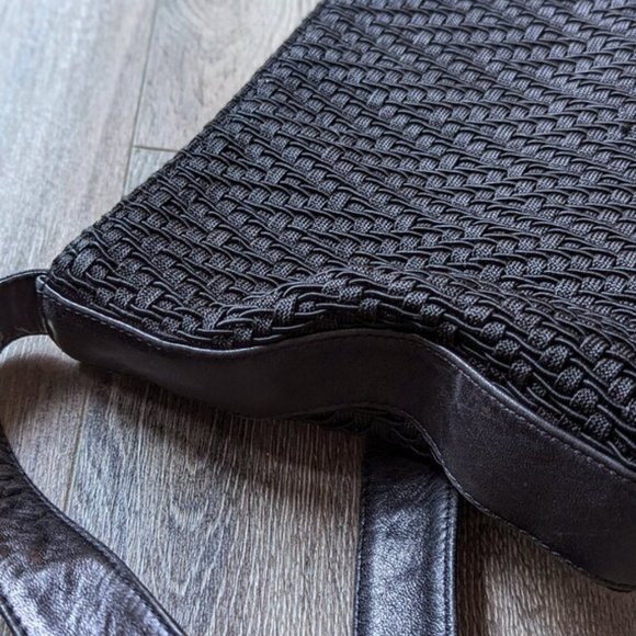 VINTAGE Leather & Woven Fabric Purse Black Shoulder Bag Whimsygoth Mesh 90s - Picture 5 of 10